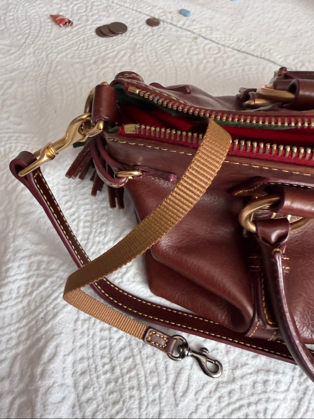 Dooney & Bourke Chestnut Brown Leather Satchel with Tassel - Picture 6 of 6